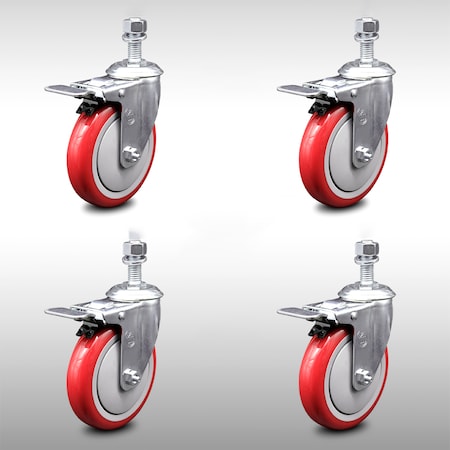 Service Caster 5 Inch SS Red Polyurethane 12mm Threaded Stem Caster Set Total Lock Brake SCC-SSTSTTL20S514-PPUB-RED-M1215-4